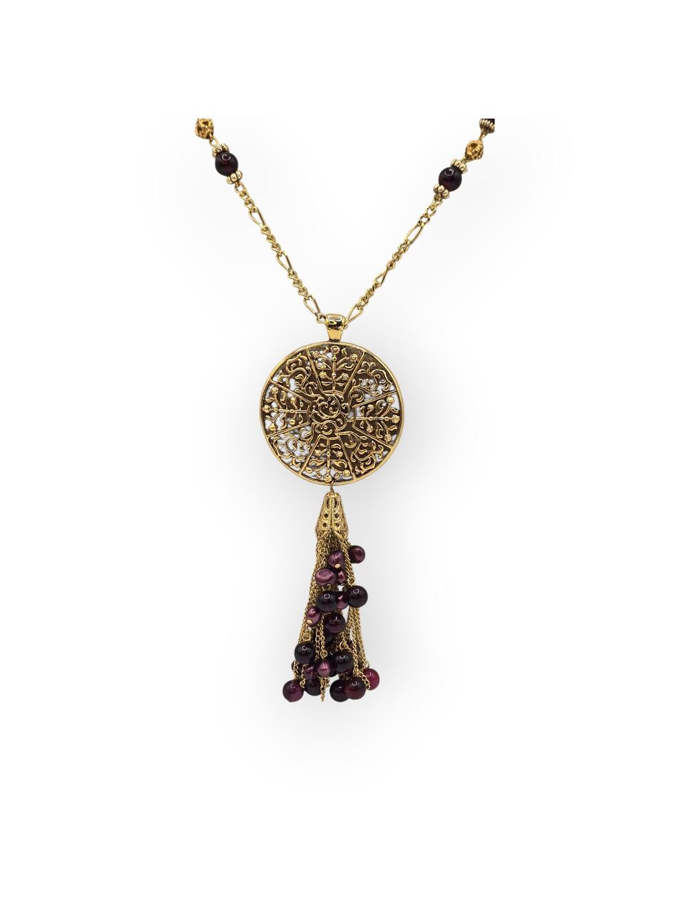 Filigree Medallion Tassel Necklace with Burgundy Beads – Long Bohemian Gothic